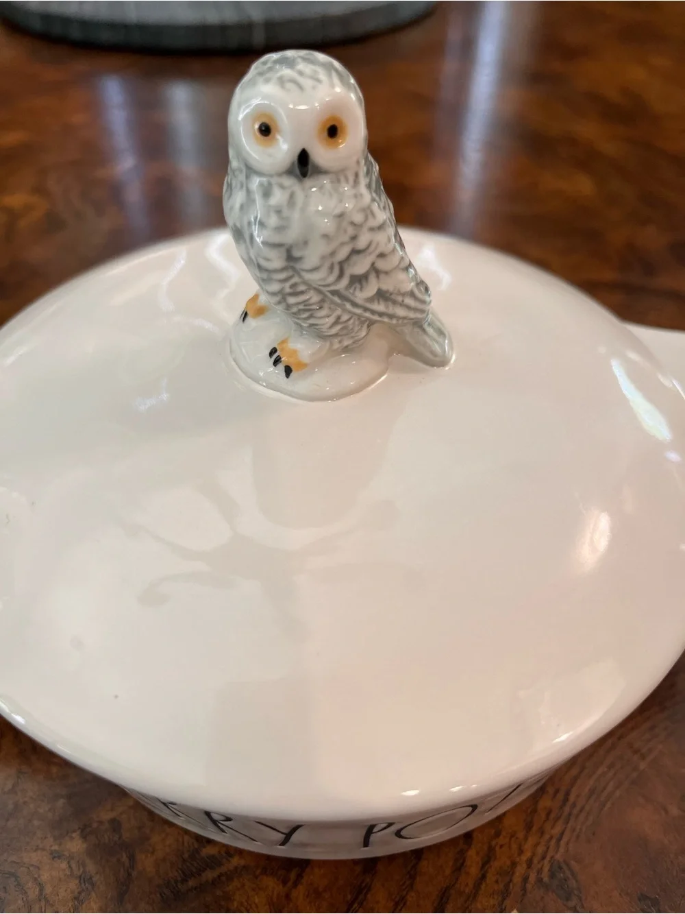 Collectable Rae Dunn/Harry Potter White Ceramic Covered Dish with Owl Knob